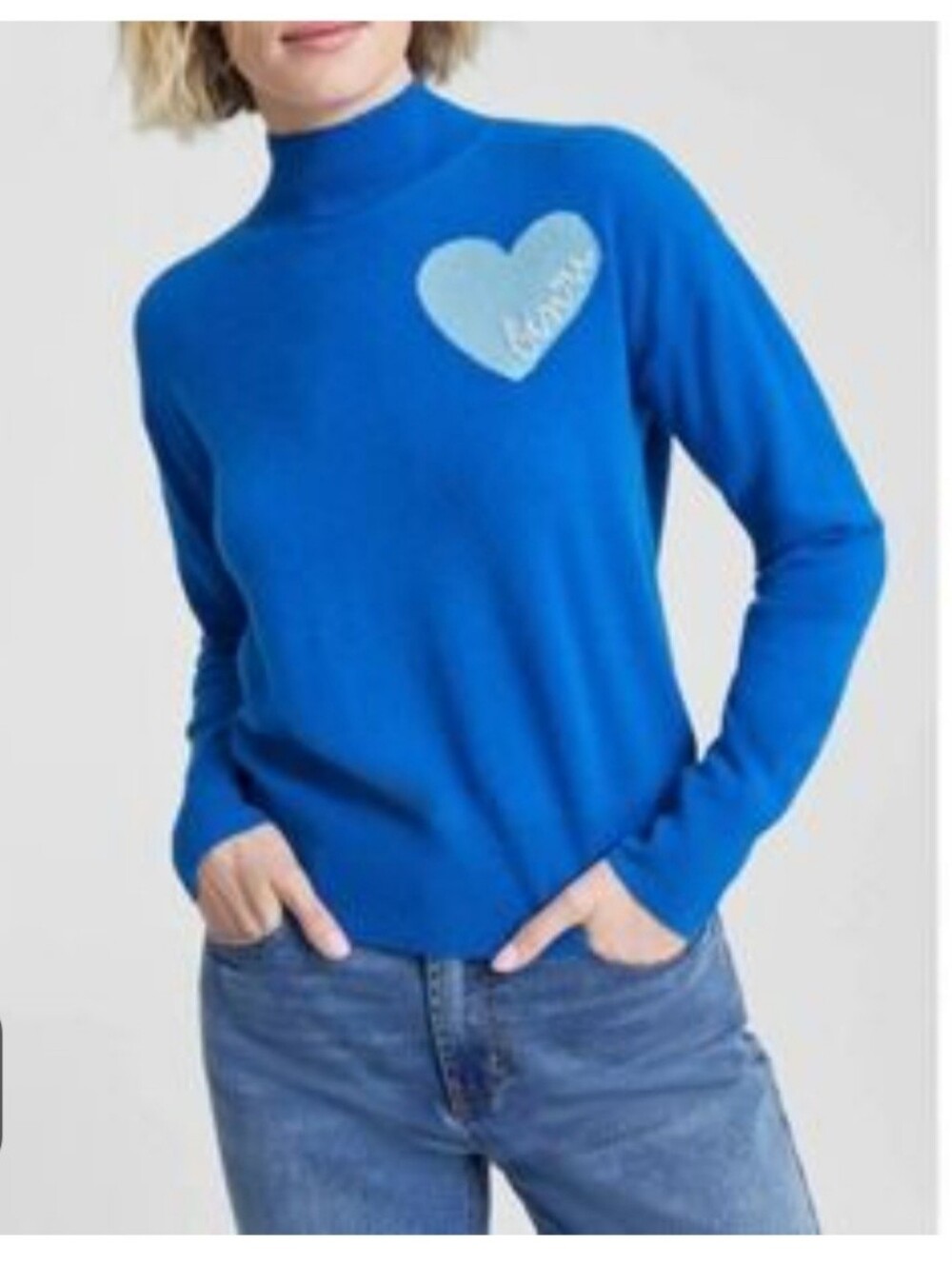 NWT Charter Club Luxury 100% Cashmere Bisou Heart Sweater Cobalt Blue XL